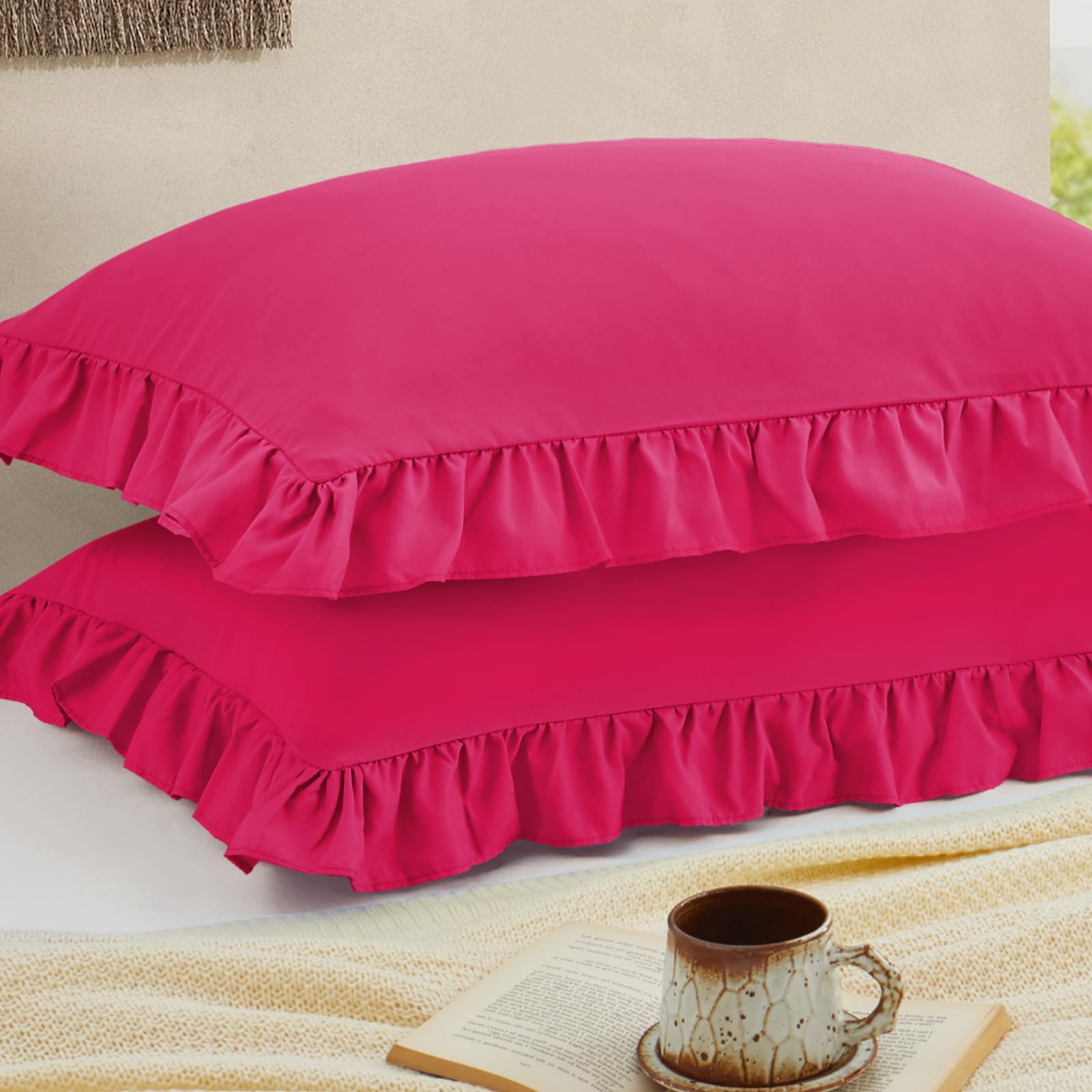 Cobedzy Ruffled Pillow Cases Set of 2, Hot Pink King Pillow Shams Brushed Microfiber Edge Ruffled Soft Pillow Cover with Envelope Closure for Bedding