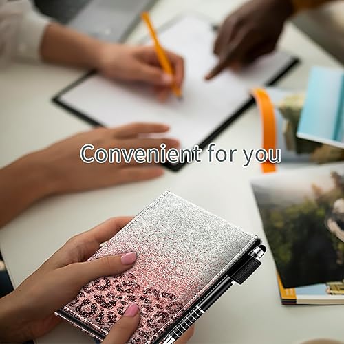 Miniatura 7 de Juego de 4 mini bloc de notas de bolsillo, diseño de leopardo rosa con purpurina de piel sintética, soporte para notas con 2 ranuras para tarjetas,