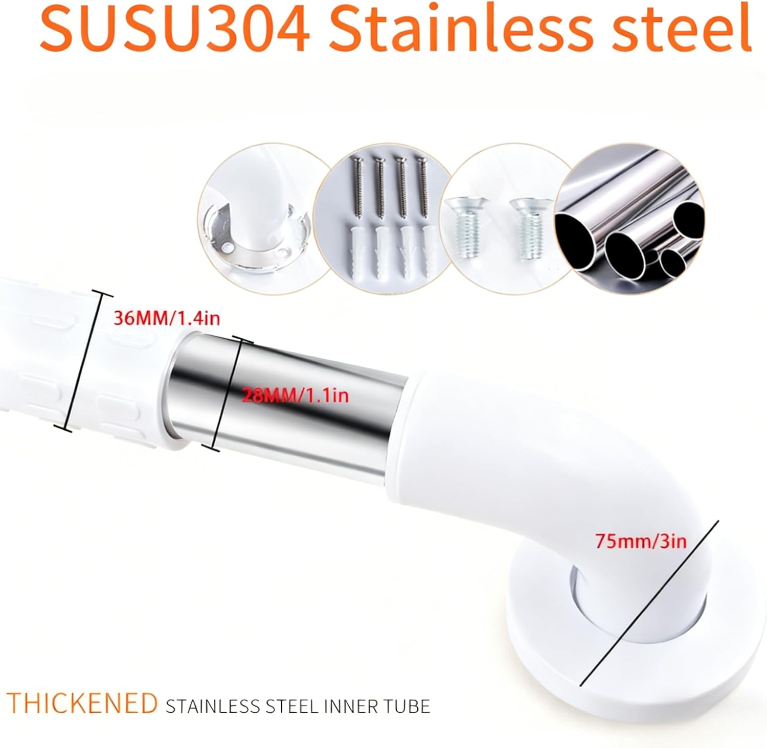 Non-Slip handrails, Stainless Steel Shower Safety Handles, Suitable for bathrooms, Elderly, Handicapped, Handicapped, and Pregnant Women (White, 23.6 1.4in)