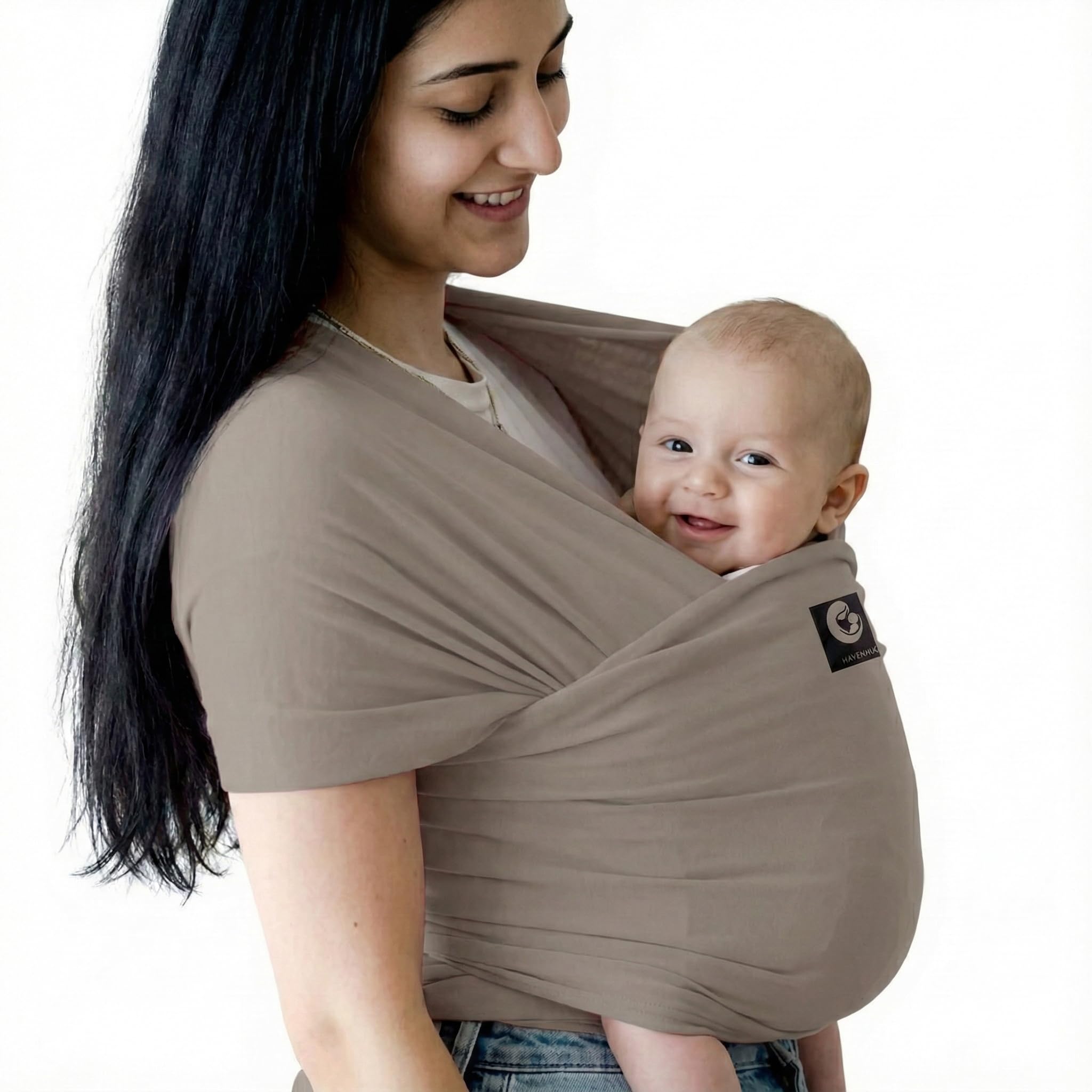 Havenhug Baby Carrier Wrap for Newborn to Toddler | Ergonomic M-Position Sling | Soft Cotton, Breathable & Stretchable | Hands-Free Babywearing (Warm Taupe)-image-3