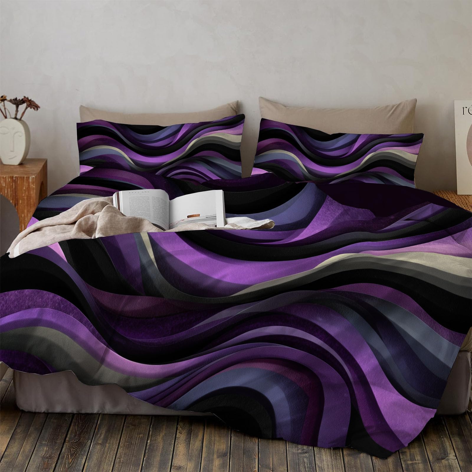 Parure de lit 140x200cm lignes abstraites avec housse de couette et 2 taies d'oreiller vagues