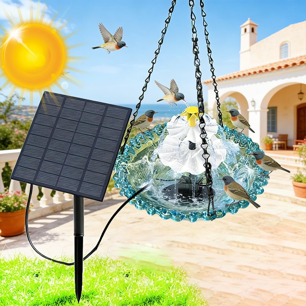 Pompa a fontana a energia solare, 4 W, monocristallino, pannello diviso con 5 ugelli, motore CC silenzioso per vaschetta per uccelli, laghetto per pesci, giardino, decorazione esterna