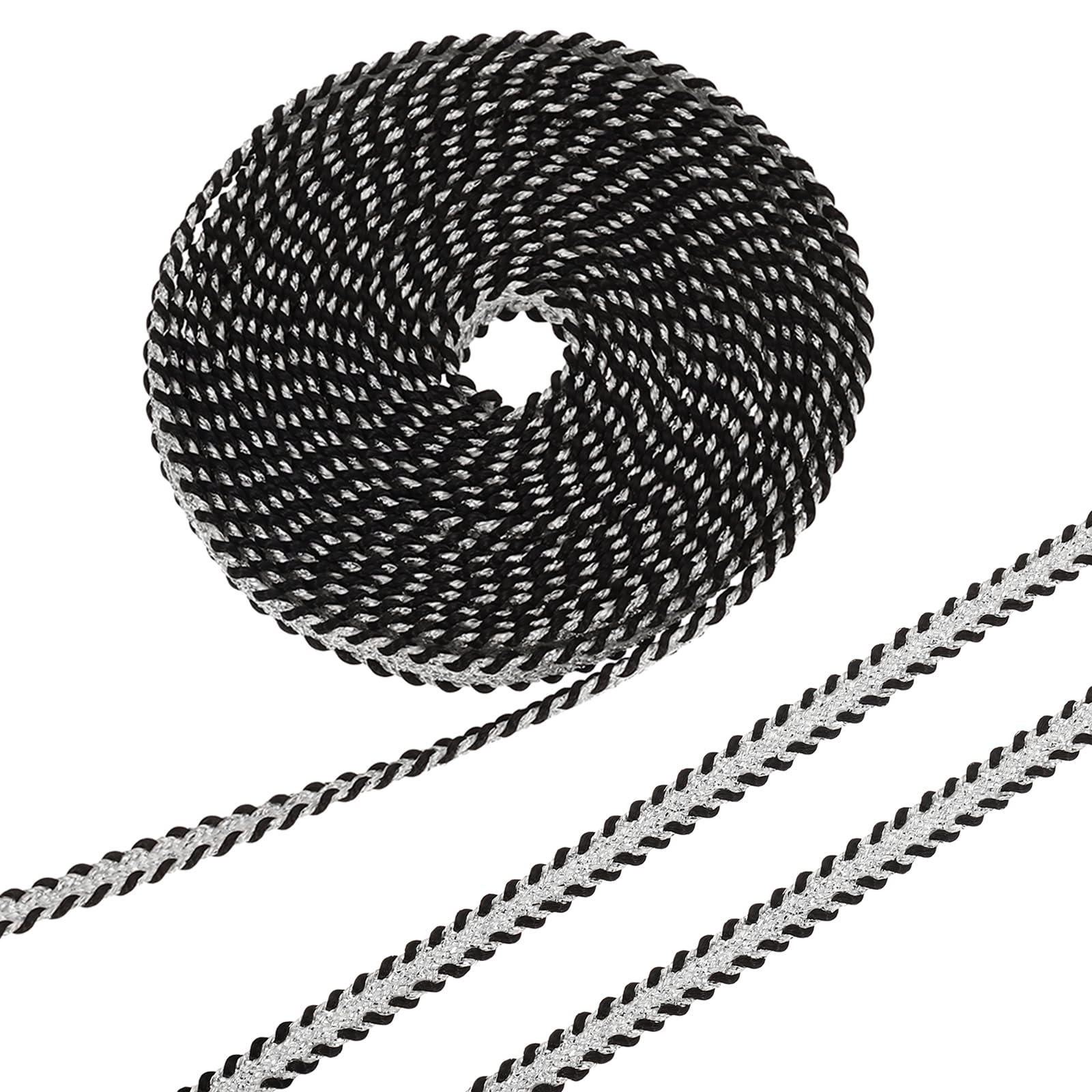 sourcing map 9.14M Gimp Braid Trim, 6 mm Polyester Woven Braid Ribbon, Fabric Twist Lace Trimming Edge for DIY Sewing Craft Clothing Curtain Hat Bag Wedding Dress, Black/Silver