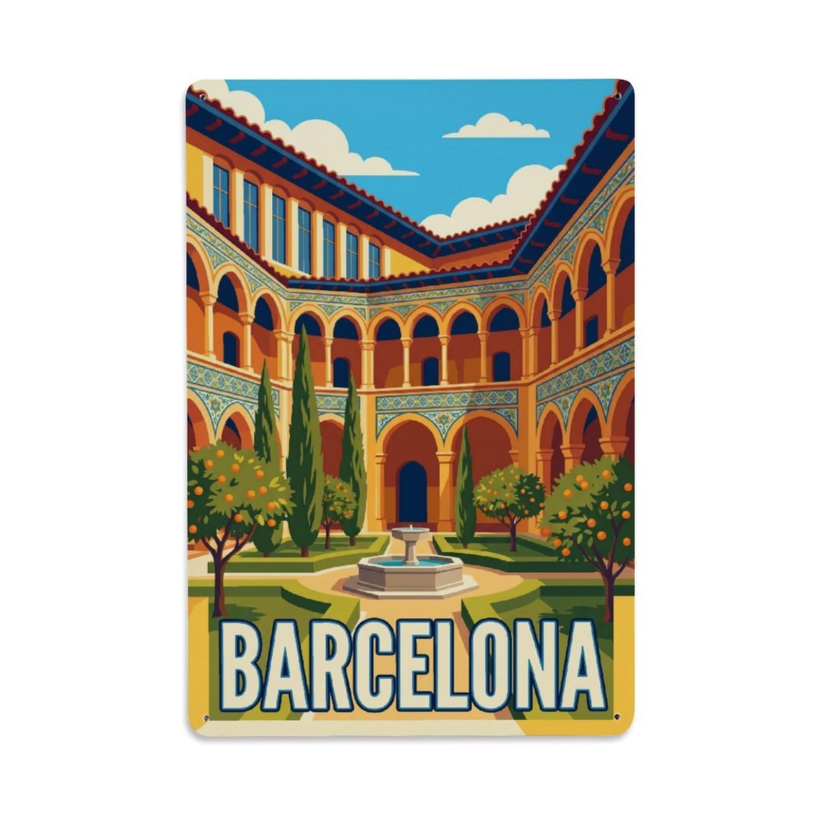 Vintage Travel Cloister Spain Peaceful Metal Tin Sign