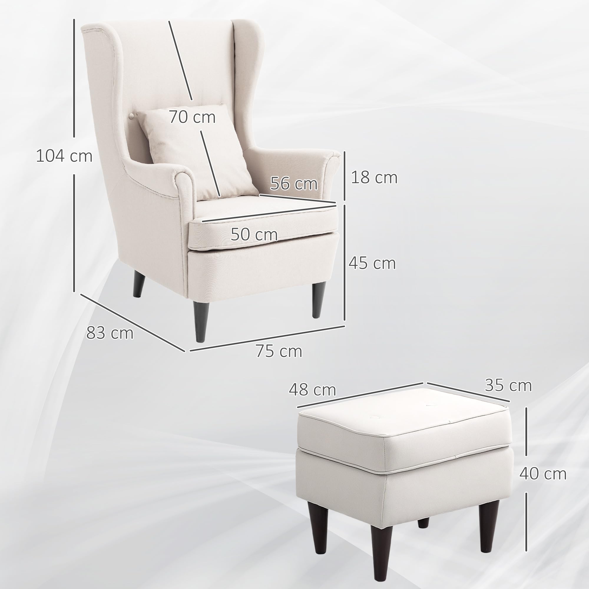 HOMCOM Sillón con Reposapiés Sillón Lectura con Respaldo Alto Beige | Capitoné, Patas de Madera, Almohada Acolchada, Tapizado en Lino, Butaca para Salón Dormitorio Oficina