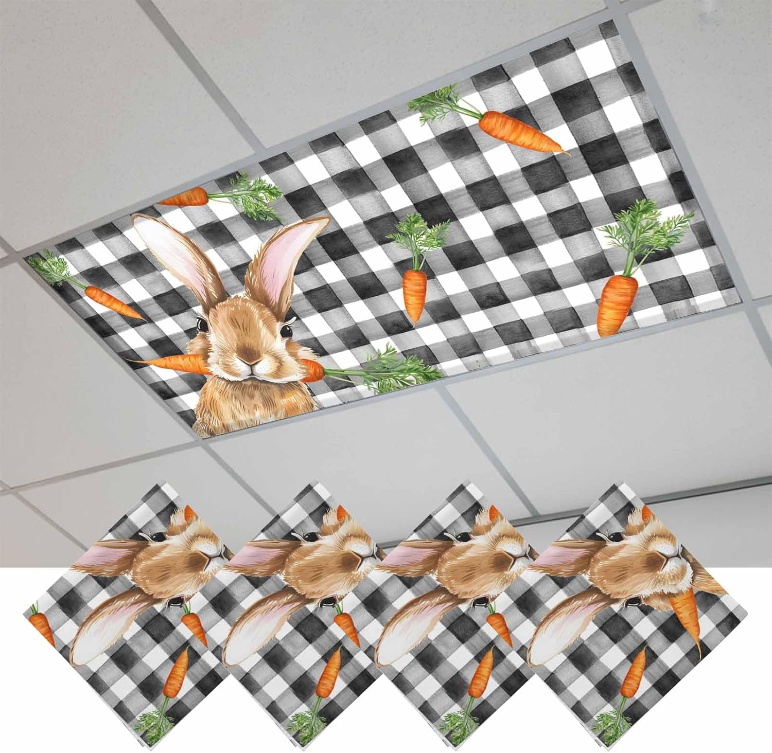 Easter Bunny Fluorescent Light Covers for Ceiling Lights 4x2 feet,4 Pack Magnetic Light Filters for Classroom,Spring Rabbits Carrots Black Buffalo Plaid Fluorescent Lamp Shade Panel for Office School