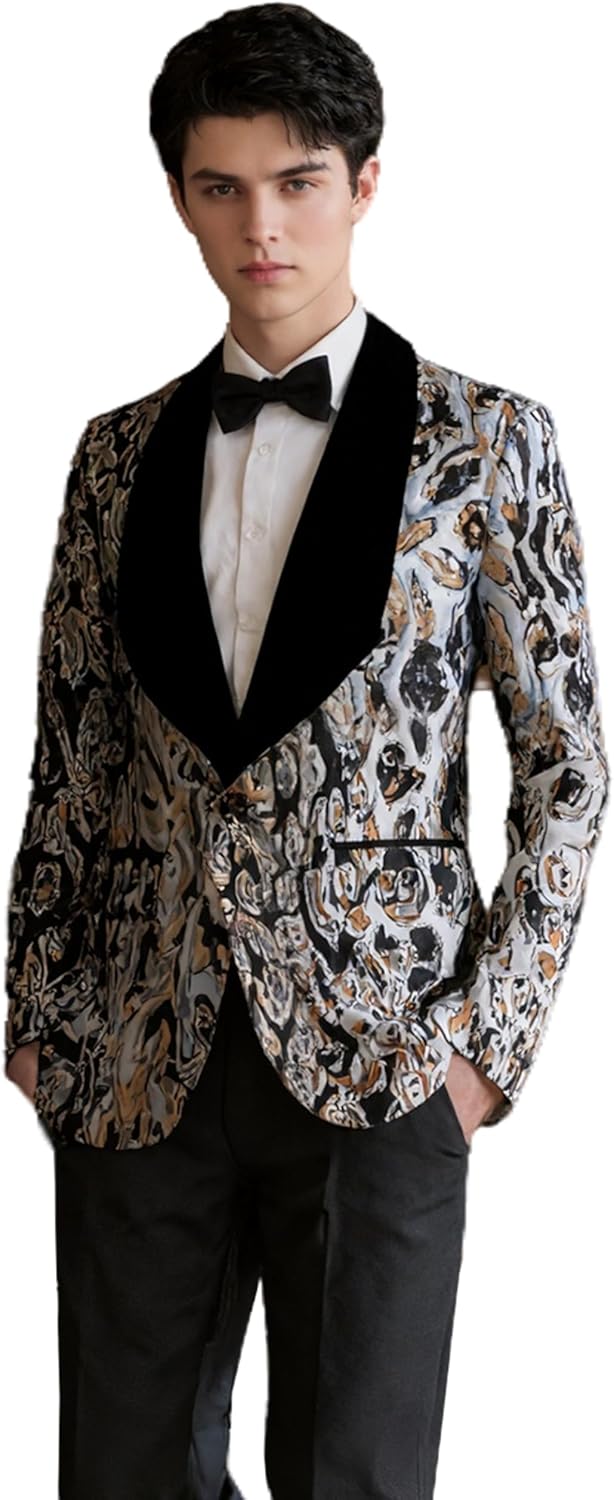 Men's One Button Silk Velvet Shawl Lapel Tuxedos Suit Leopard Print Suit Slim Fit Jacket for Party & Event