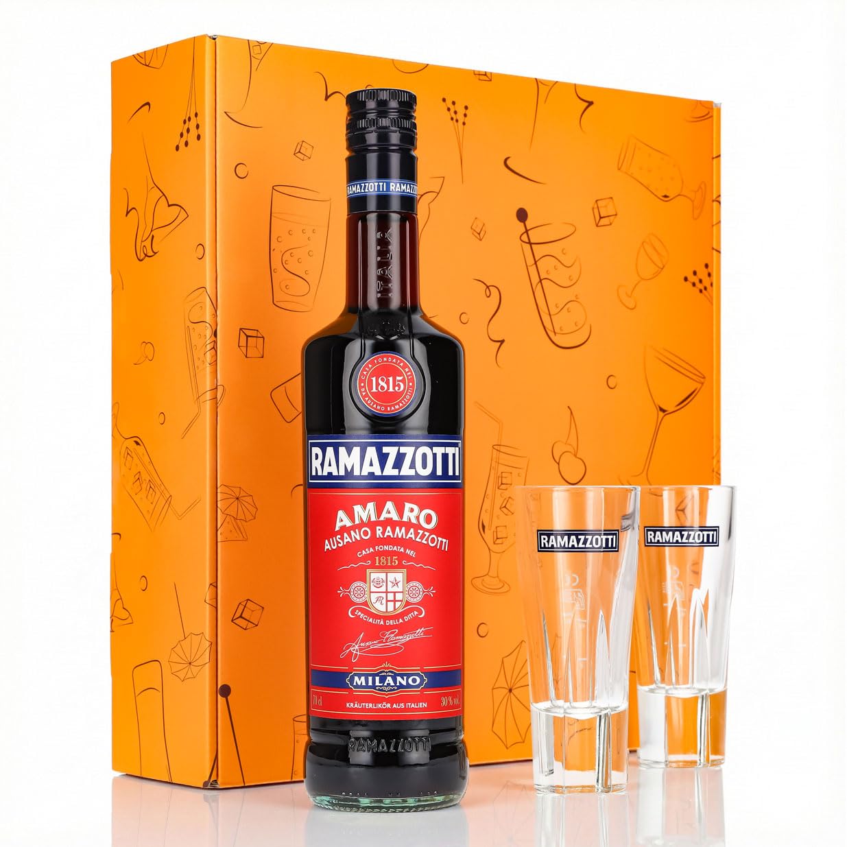 Sipply Geschenkset 3-teilig mit 2 Longdrinkglas Standard und 1 Flasche Ramazzotti Likör 0,7l 30% | mit Geschenkverpackung: Orange | Geschenk für Frauen Männer Mama Papa Freundin zu Weihnachten Ostern
