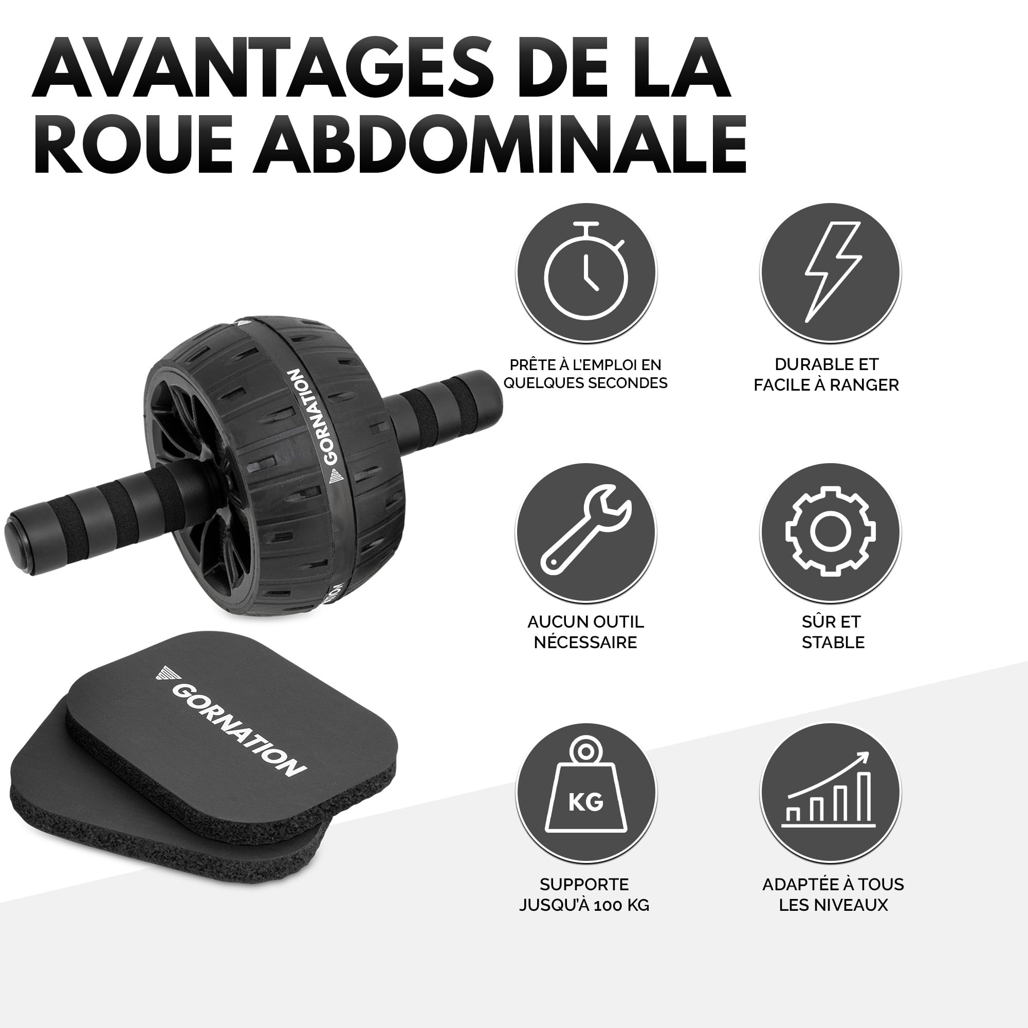 GORNATION Ab Wheel, Roue Abdominale, Roulette Abdominaux, Ab Roller, Outil d'entraînement Efficace pour les Abdominaux, Avec Genouillères, Roue Abdo Adapté à tous les Niveaux de Fitness