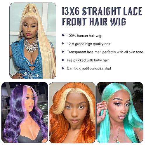 Miniatura 5 de Peluca de cabello humano 613 con encaje frontal de 13 x 6 pulgadas, densidad 200, peluca de cabello humano lacio rubio lacio de 30 pulgadas, pelucas