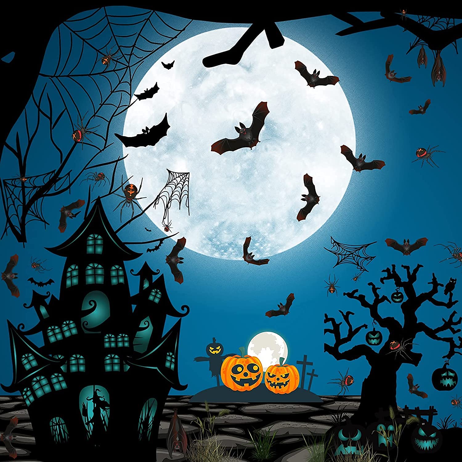 12 naklejek na Halloween, kreatywne nietoperz pająk czarne naklejki zamkowe, Halloween okno ekspozycja rodzina ogród wakacje artykuły na przyjęcia