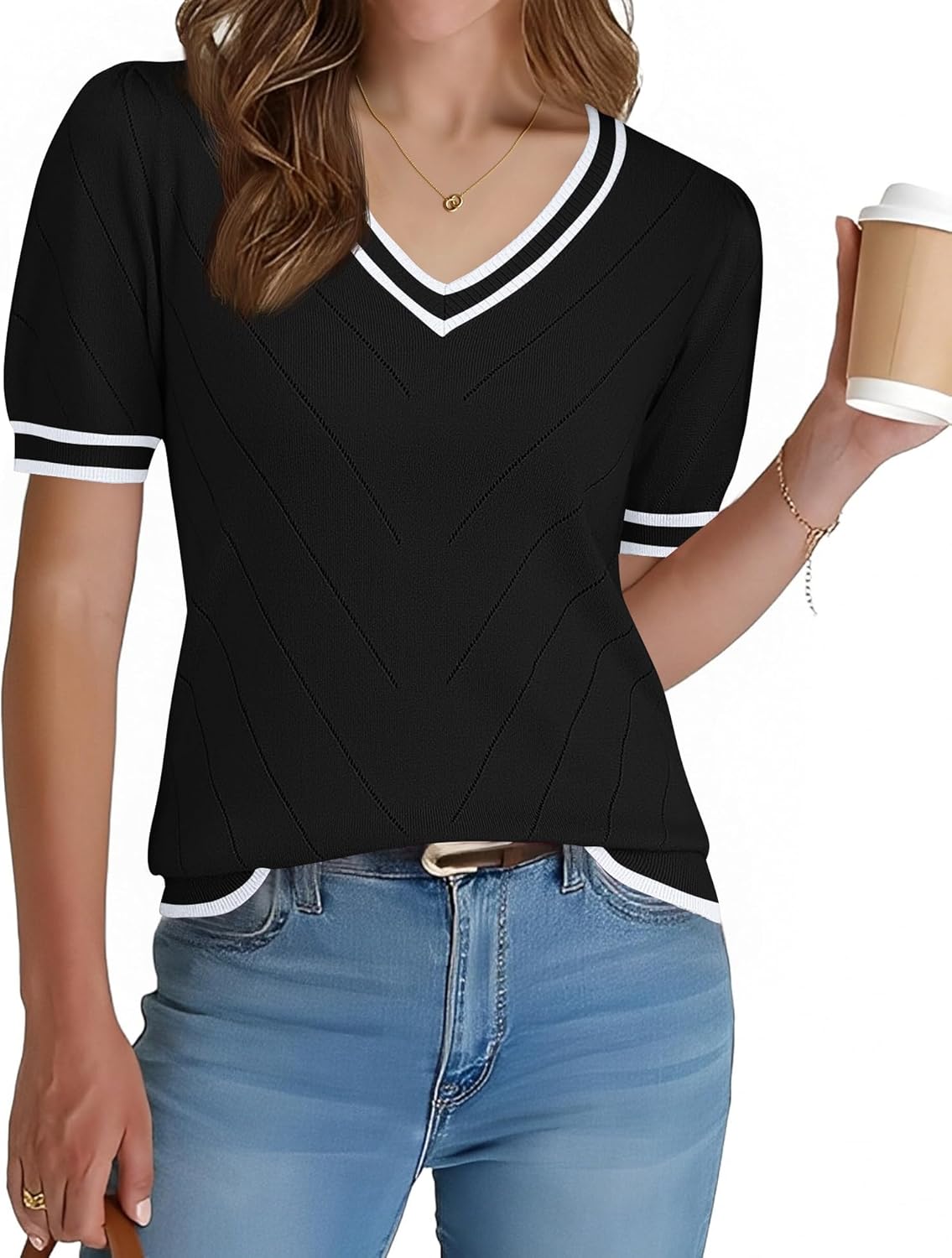 LOMON Womens Sweaters Puff Short Sleeve Lightweight Knit Summer Fall Tops Dressy V-Neck Work Blouses Business Casual Outfits - Image 2