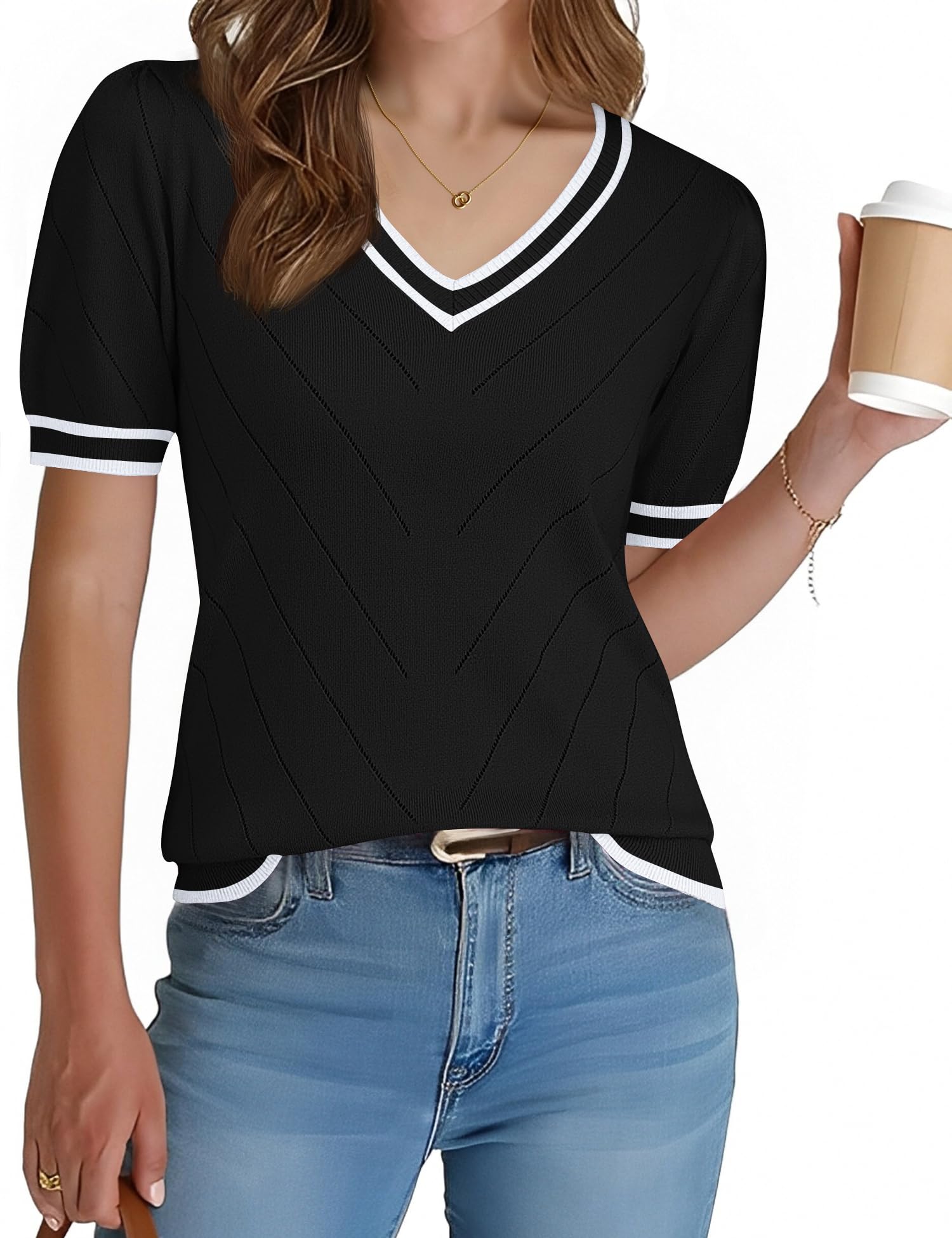 Rapbin Pullover Damen Sommer Elegant Kurzarm Pulli Shirt V Ausschnitt Puffärmel Oberteil Top Leichte Mode Bluse Tshirt