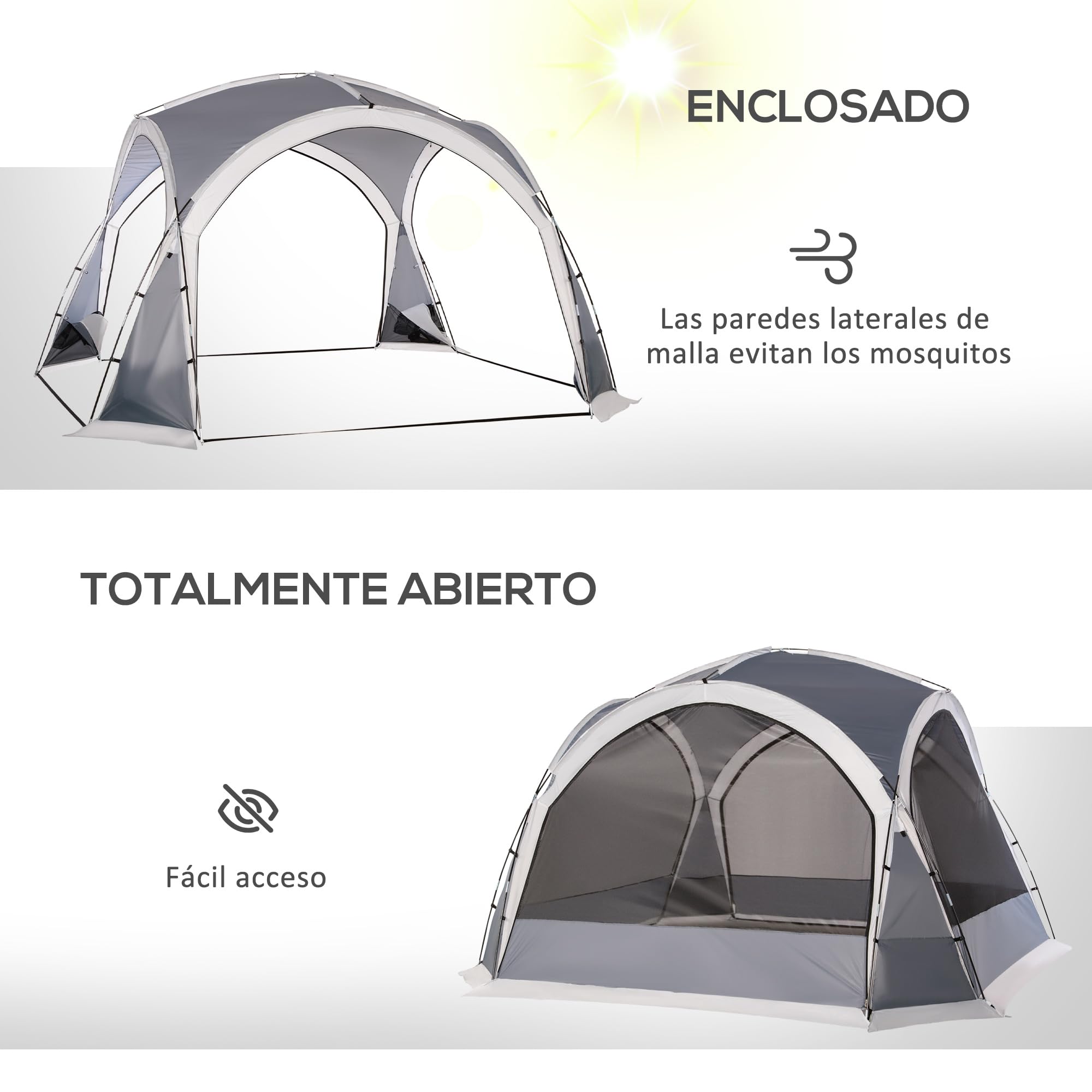 Outsunny Carpa Portátil para 6-8 Personas Carpa de Camping con 4 Mosquiteros Gancho y Bolsa de Transporte Anti-UV para Pescar Senderismo 350x350x230 cm