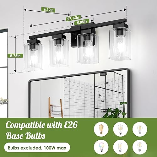 Miniatura 6 de BesLowe Lámpara de baño de 4 luces de 27 pulgadas, moderna lámpara de tocador de baño negra, accesorios de iluminación de baño sobre espejo, lámpara