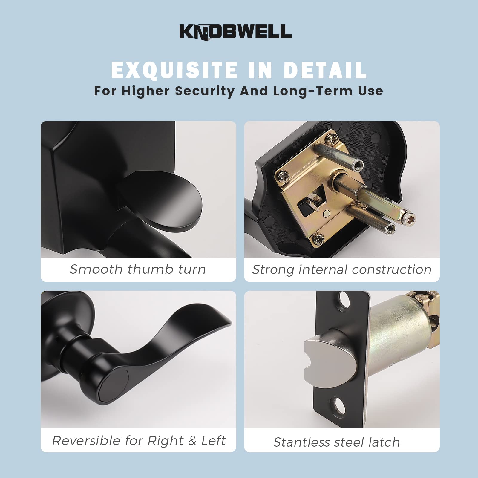 KNOBWELL Front Entry Door Handle, Entry Door Lock Handle Set, Interior/Exterior Door Handle Set, Single Cylinder Door Handle Set Left/Right, Matt Black Front Door Lower Half Handle Lever