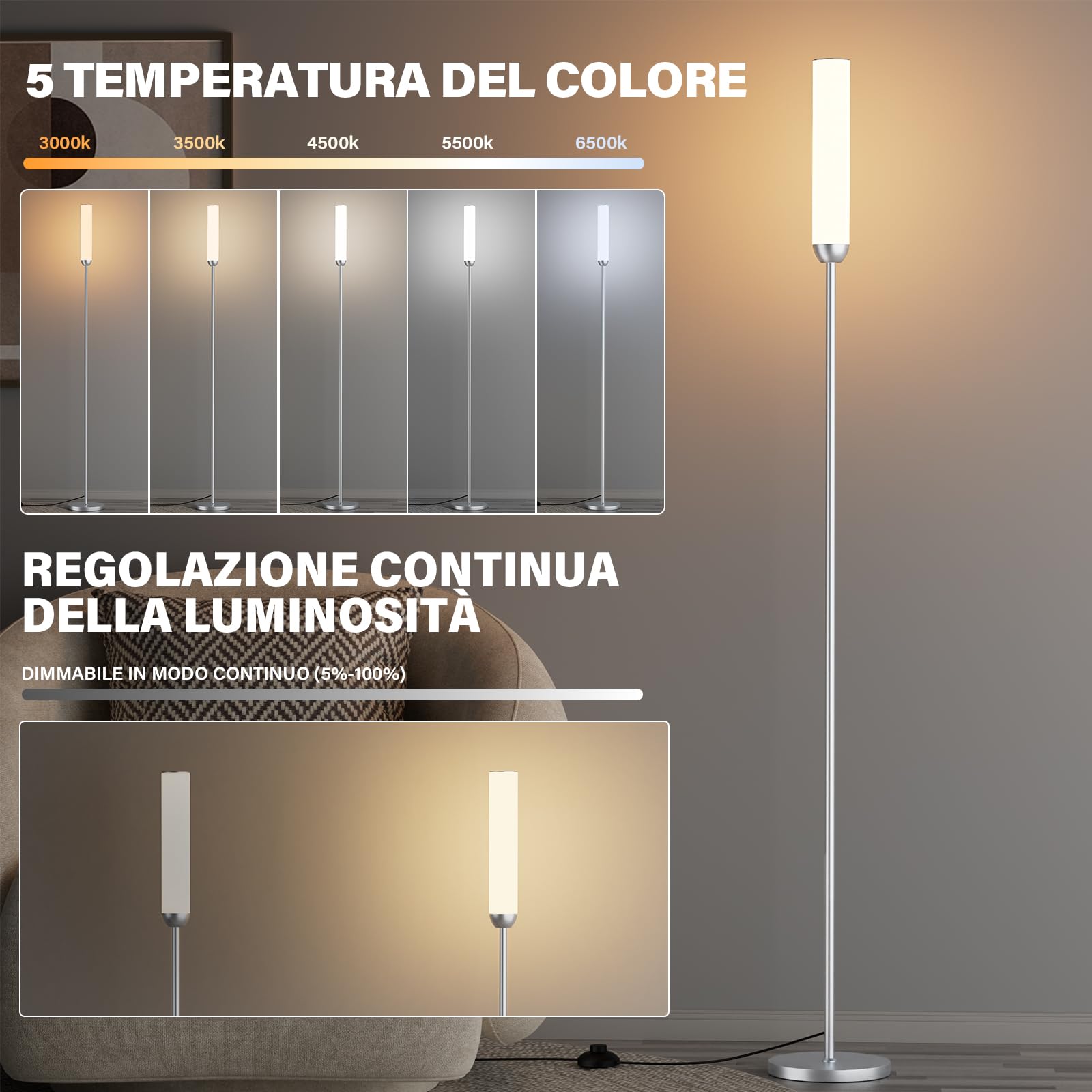 Lampadaire sur Pied Salon, lampadaire LED Dimmable, 5 Températures de Couleur avec Télécommande et Pédale de Commande, LED Lampe sur Pied Moderne Argent pour Chambre, Étudier, Bureau