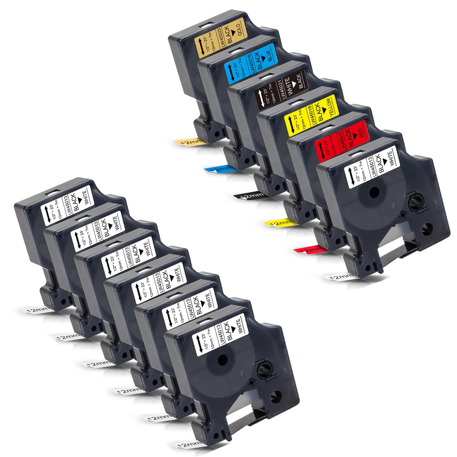 Labelwell 12-Pack D1 Label Tape 1/2 Replacement for Dymo 45013 45016 45017 45018 45021 45023 Colorpop Refills for LabelManager 160 280 210D 450D (Black on White/Blue/Red/Yellow/Gold, White on Black)