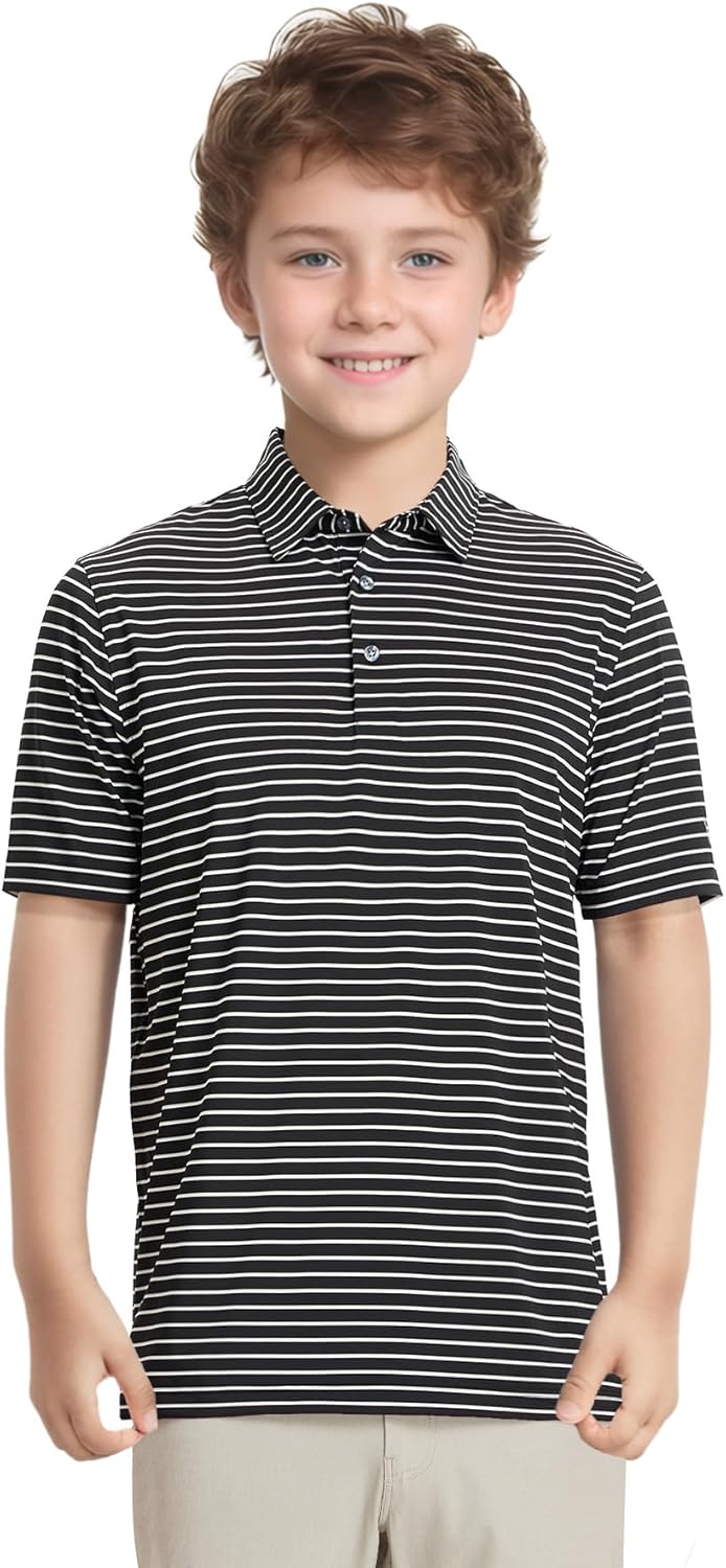 M MAELREG Boys' Polo Shirt Striped Short Sleeve Moisture Wicking Performance Stretch Active Casual Collared Kids Golf Shirt - Image 2