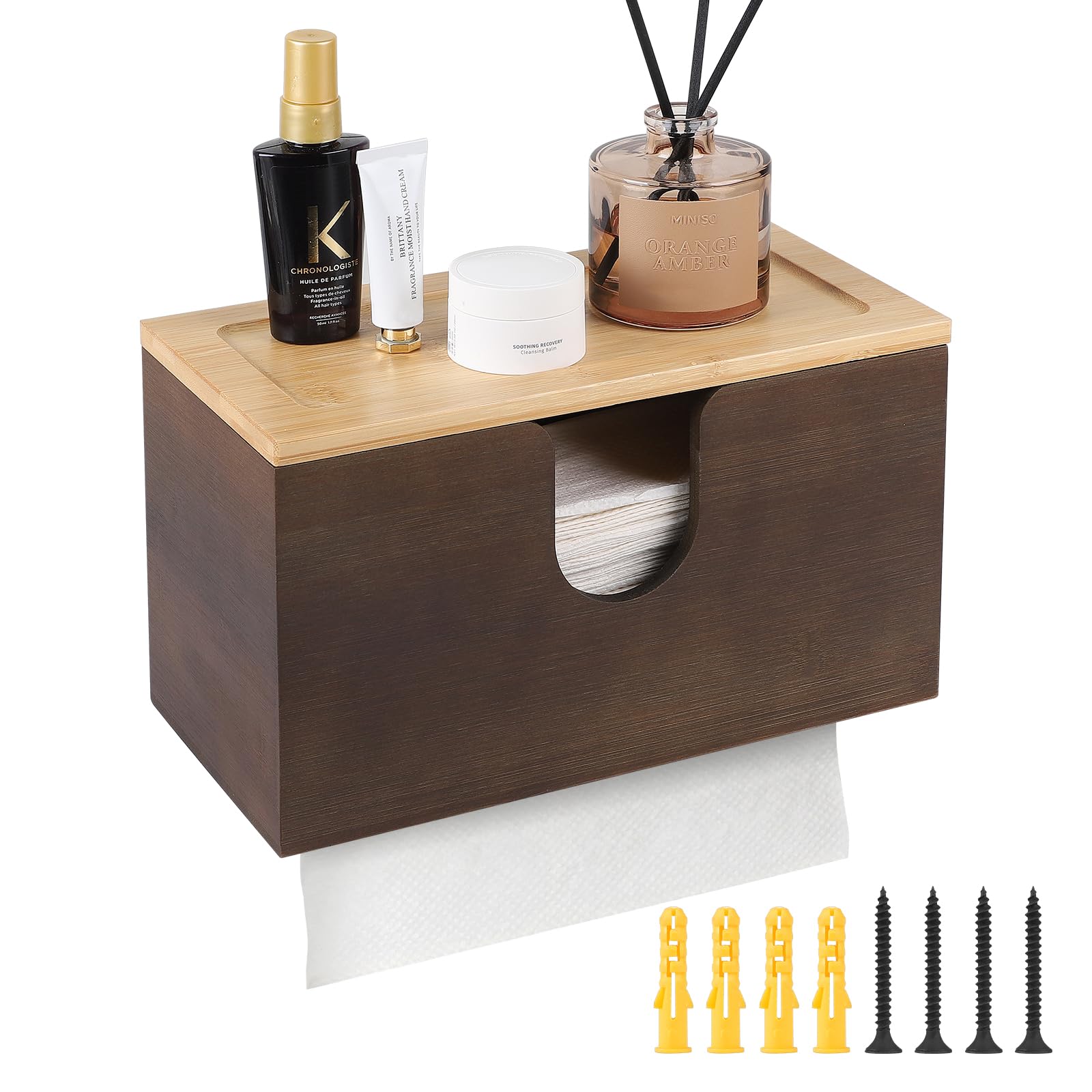 EFUTURETIME Handtuchspender für Papierhandtücher aus Bambus, 27.5x16x13cm, Papierhandtuchhalter Wand für H2 Papierhandtücher, Öffentliche Papierhandtuchspender mit Magnetischem Deckel, Braun