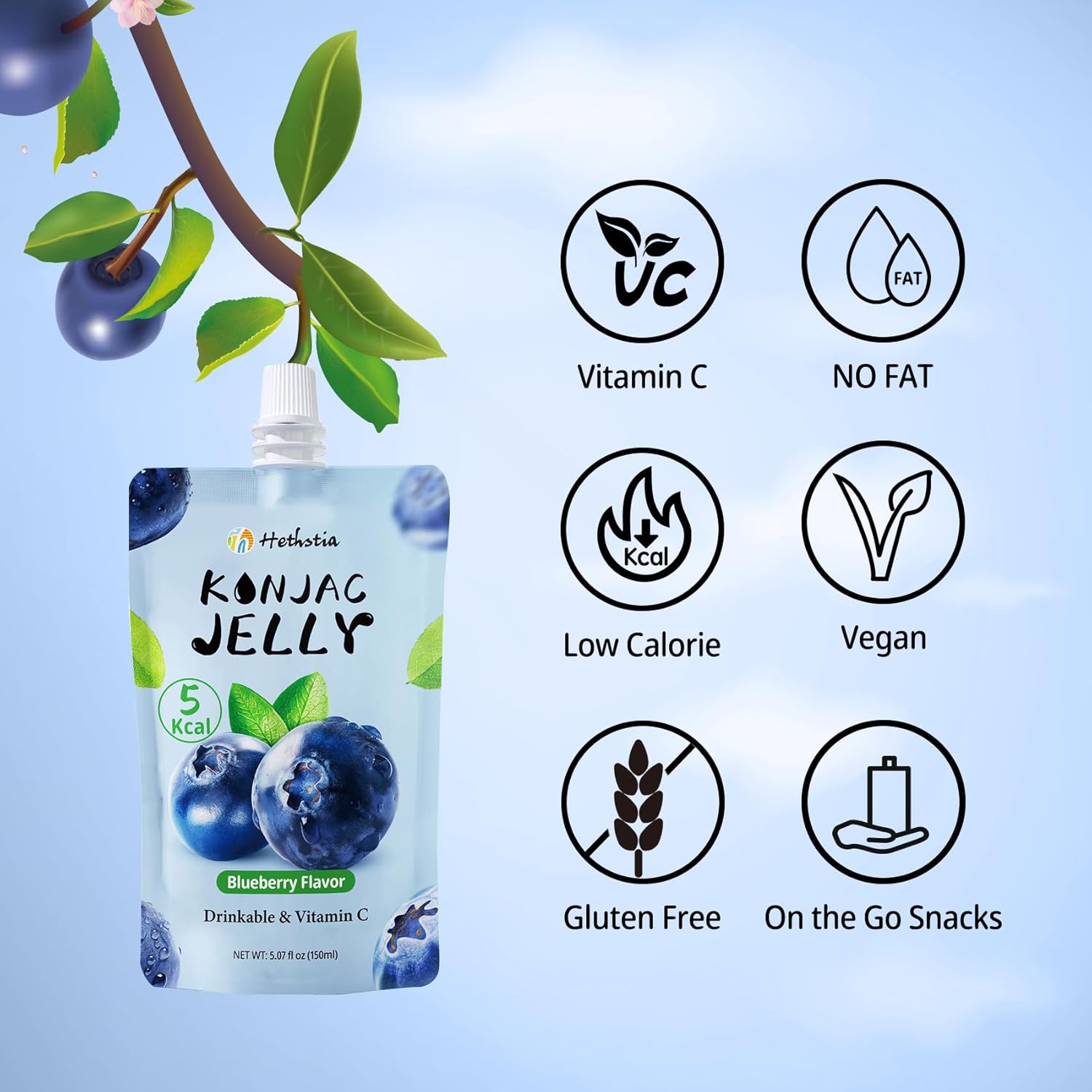 Hethstia Konjac Jelly Blueberry Flavor, 10 Pouches Drinkable Jelly – Low Calorie (5 Kcal), Vegan, Keto, Gluten-Free, Vitamin C Snack, On-the-Go Healthy Fruit Treats