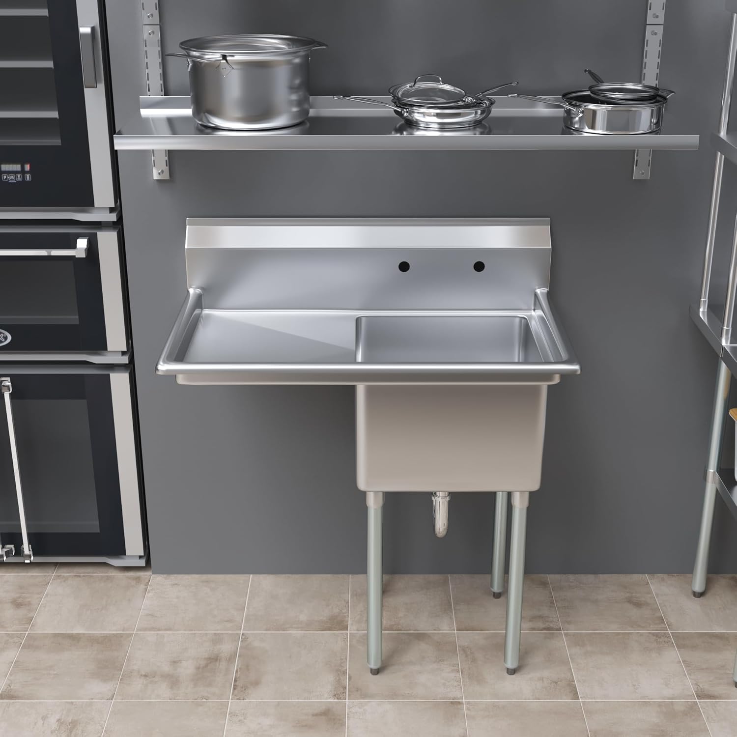 AmGood Stainless Steel Prep & Utility Sink | 304 Stainless Steel | Restaurant, Kitchen, Laundry, Garage | NSF (23 in. x 39 in. | One Bowl | Left Drainboard)