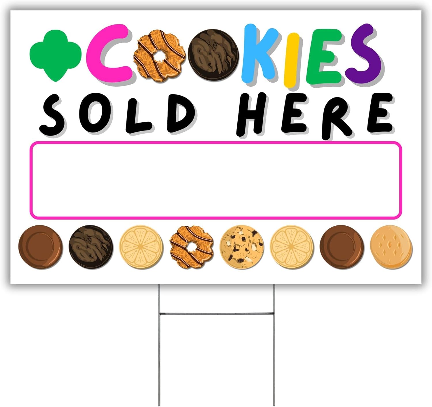 Scout Cookies Sold Here Yard Sign with H Frame Stake 12 x 18” Scout Colorful Stop Buy Cookie Box Door Hanger Reorder Troop Number Sales Goals