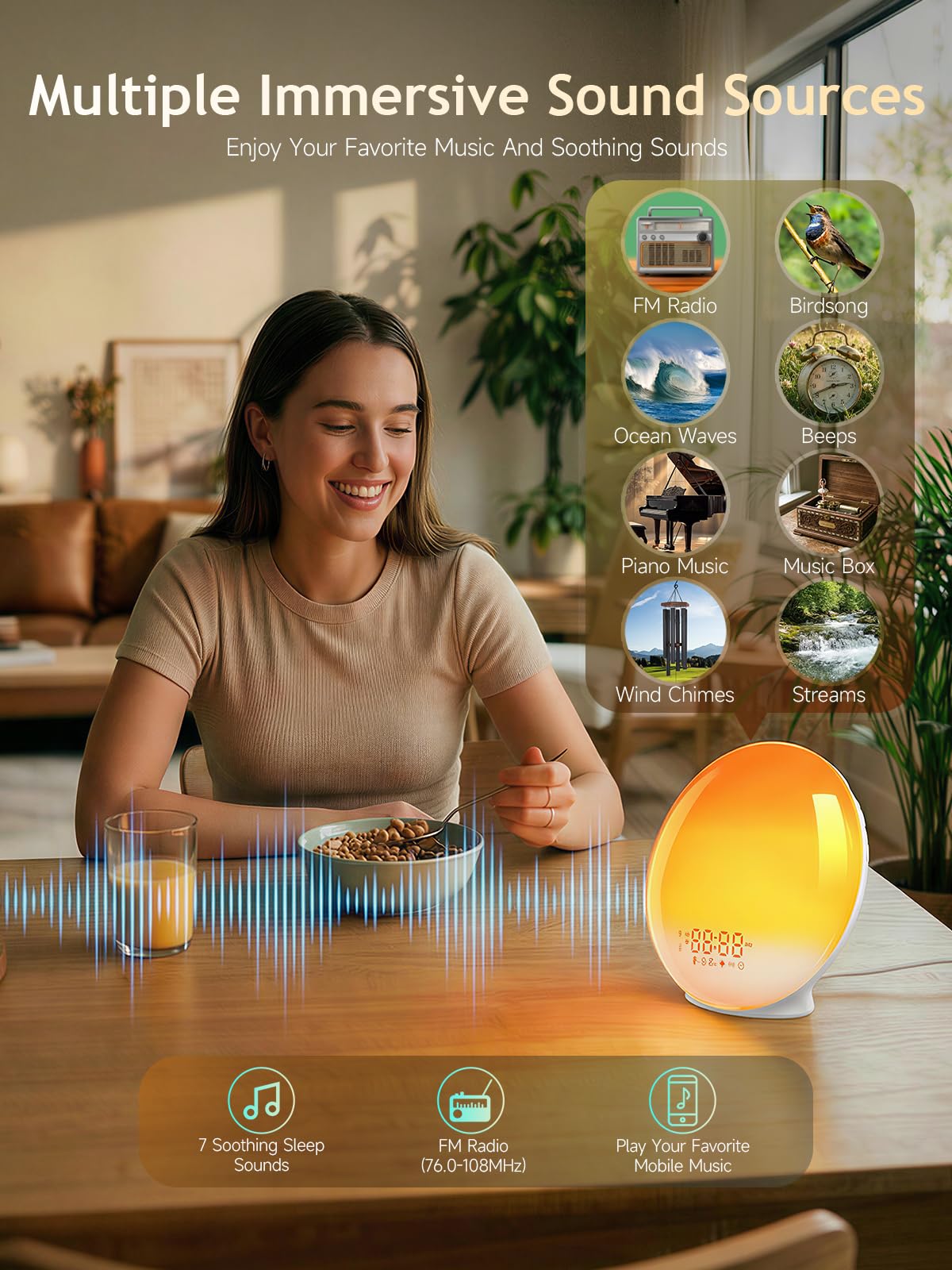 Despertador Luz Wake Up Light con Simulación de Amanecer y Atardecer, App Control, 4 Alarmas, Radio FM, 12 Colores