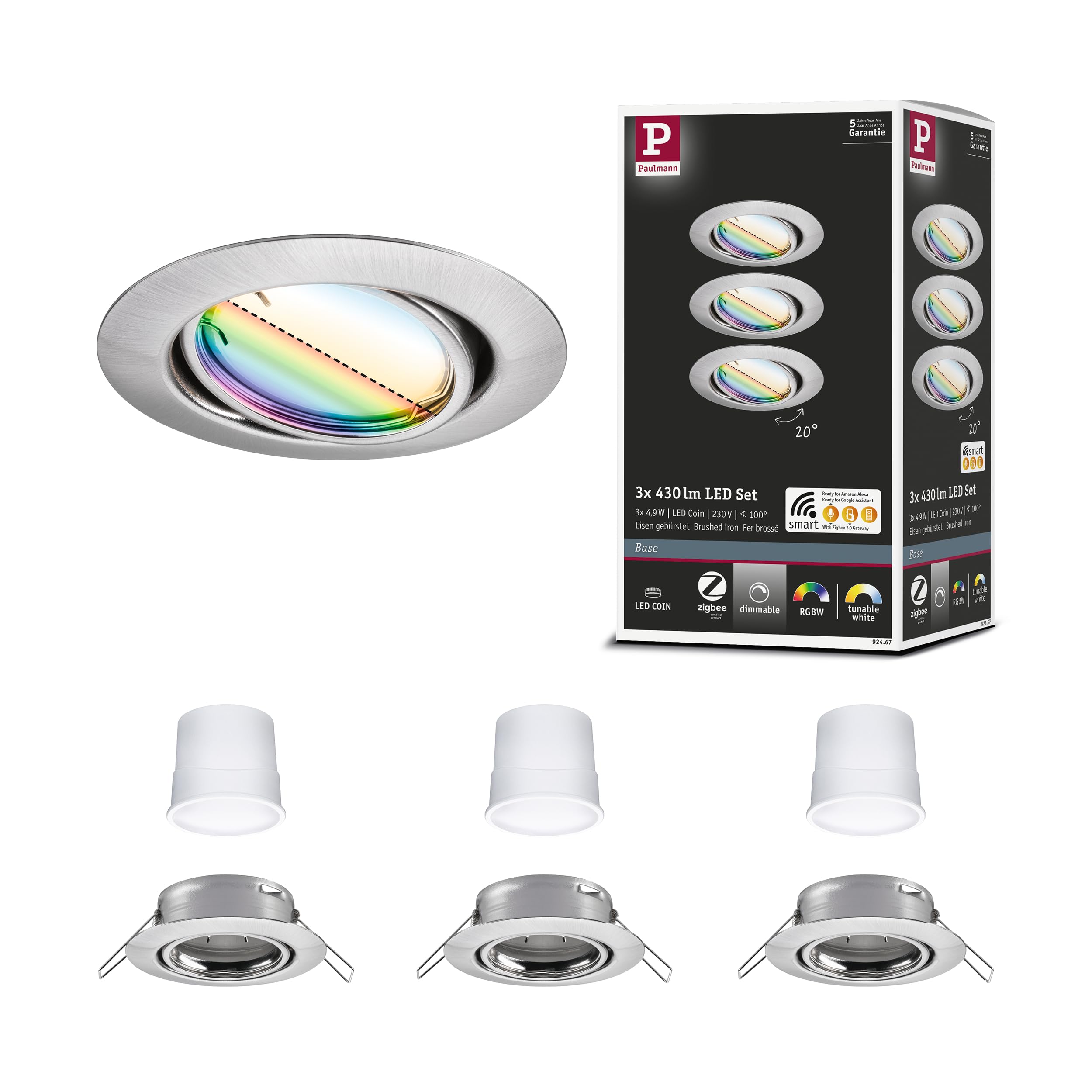 Paulmann 92467 Spot encastré LED Base Smart Home Zigbee kit de base orientable rond 230V 3x4,9W 3x420lm gradable 90 mm Acier brossé Métal RGBW+