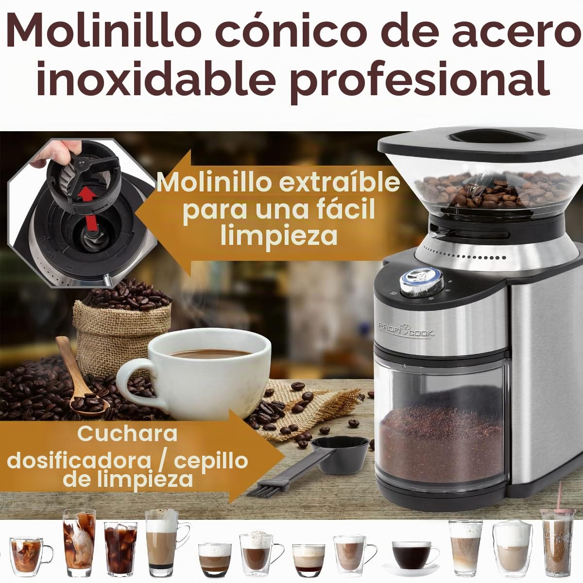 ProfiCook PC-EKM 1205 - Molinillo de café eléctrico, 200 W, 16 ajustes de grado de molienda, acero inoxidable, molinillo de café, hasta 230 g de granos de café, temporizador eléctrico
