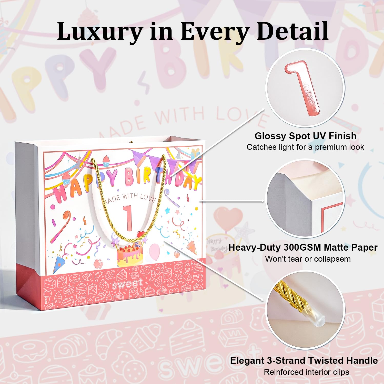 BOPLYBAY 1st Birthday Gift Bag for Girls with Greeting Card & Tissue Paper - Large 13" Pink Age 1 Birthday Party Favor Bag, Luxury Gift Wrapping Set for One Year Old Baby Girl (Age 1)