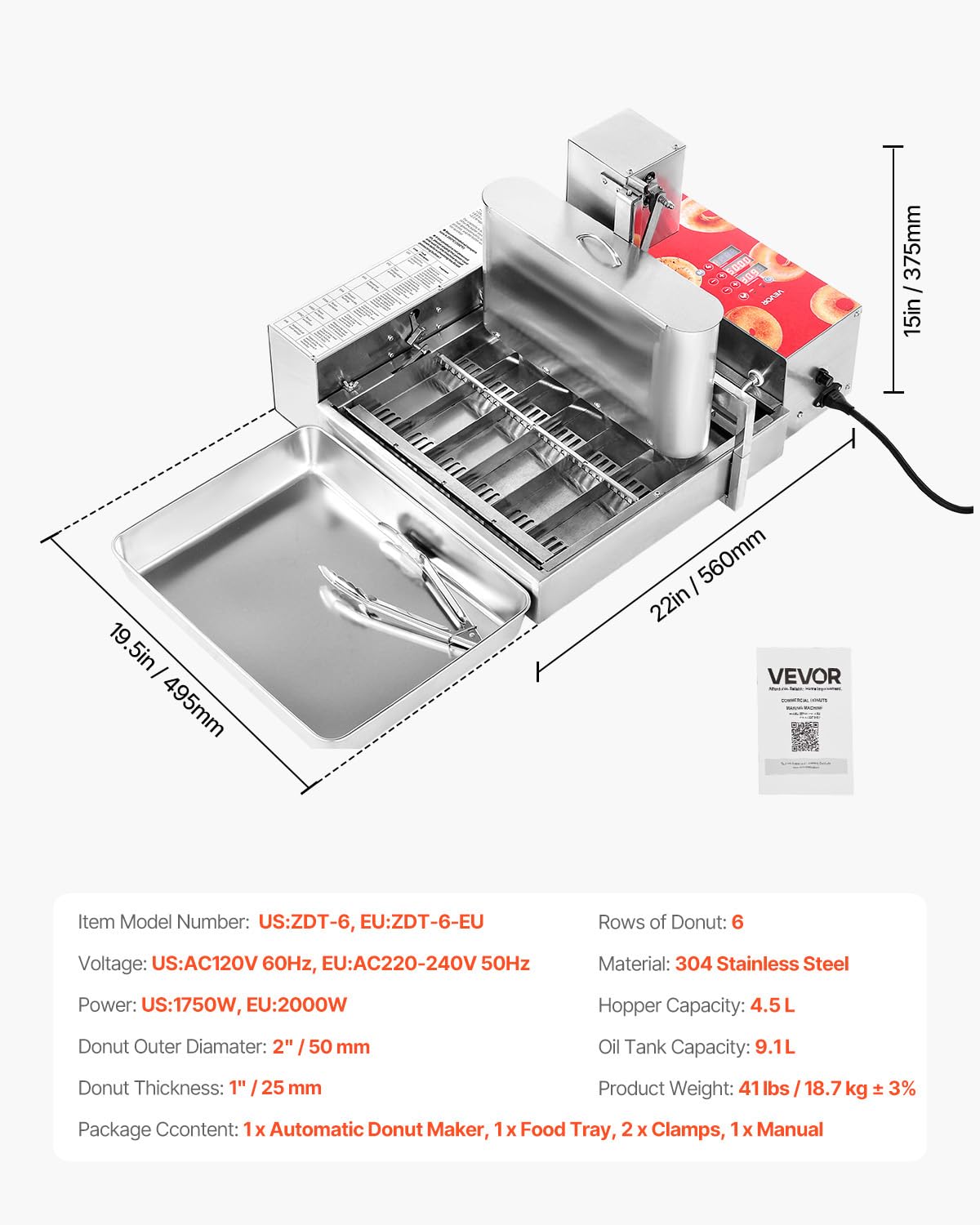 VEVOR Machine à beignets automatique commerciale, appareil à donuts électrique à 6 rangées, haute puissance, 360 pièces/heure, trémie de 4,5 L, friteuse en acier inoxydable, avec contrôle intelligent