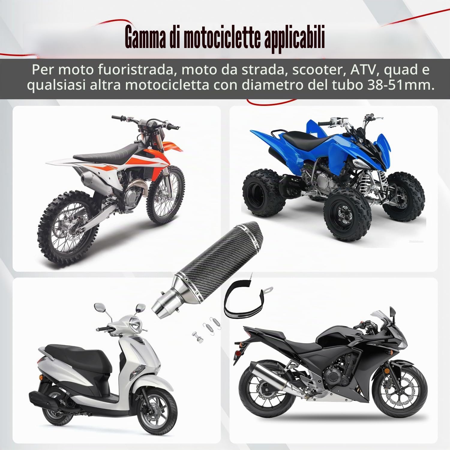 51mm Scarico Moto,Universal 1,5-2 Pollici Di Ingresso Slip On Tubo Di Scarico per Street Bike Moto Scooter