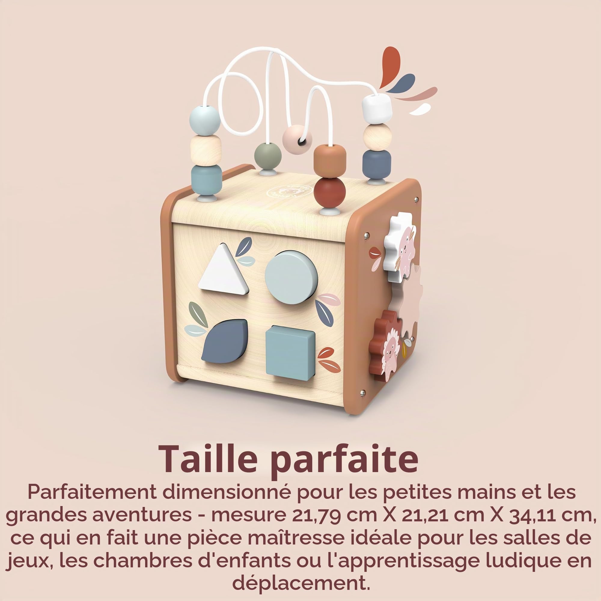 Speedy Monkey - Cube d’Activités Bébé 5 en 1 en Bois FSC - Jouet Montessori 12 Mois et Plus - Labyrinthe de Perles, Trieur de Formes, Engrenages - Cube Éveil Bois Enfant