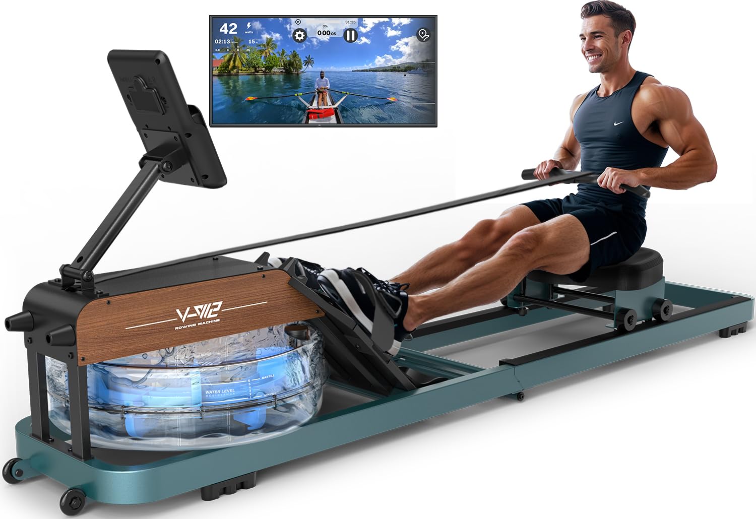 Vowvit V-W2 Water Rower in use with a person rowing, showing the monitor displaying a virtual rowing scene.