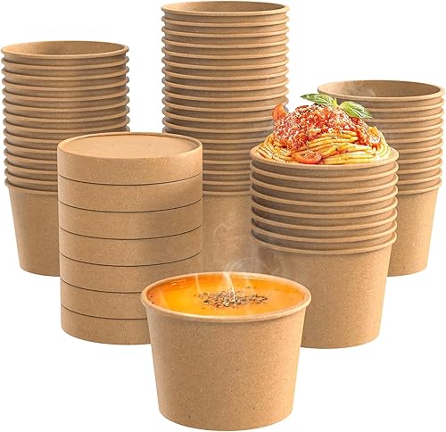 Miniatura 1 de Fit Meal Prep Paquete de 50 recipientes de sopa de papel kraft de 8 onzas con tapa ventilada, vasos de papel caliente o frío, recipiente de
