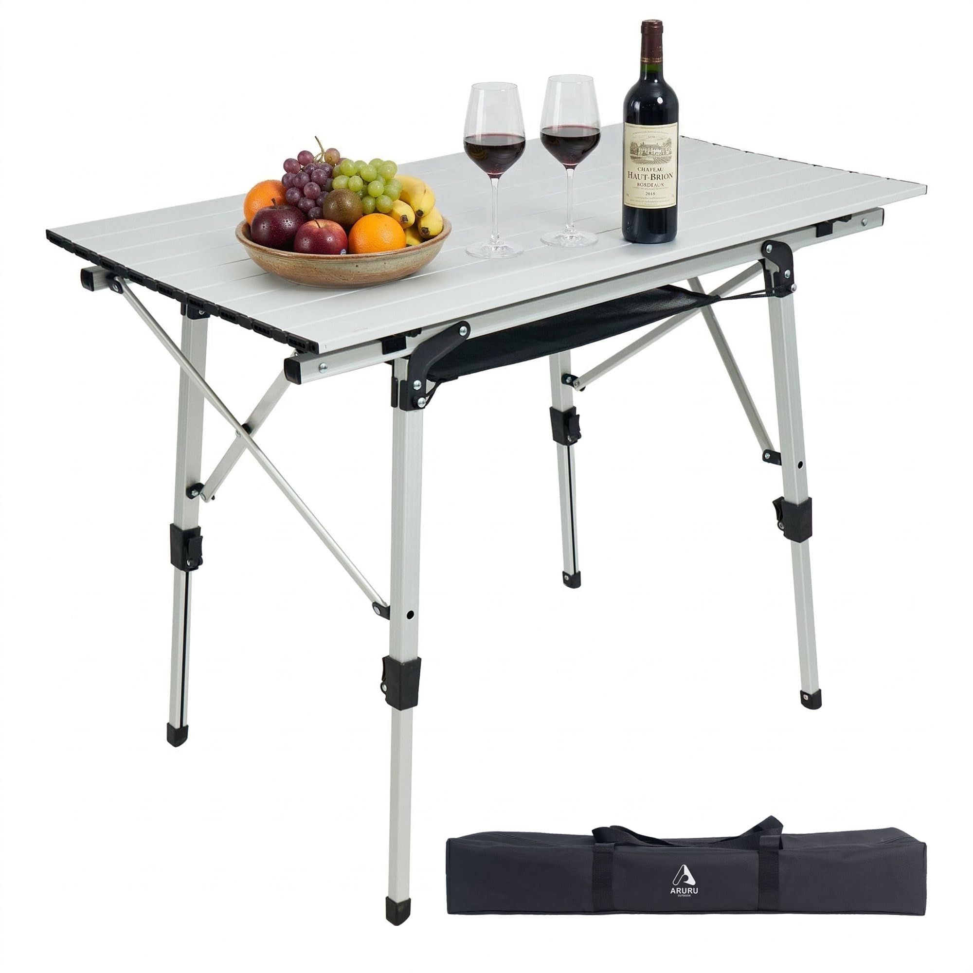 ARURU Camping Table 90×53cm with Net Bag Adjustable Legs Aluminium Foldable Large Outdoor Portable Tables for Picnic Beach Fishing Garden BBQ Black