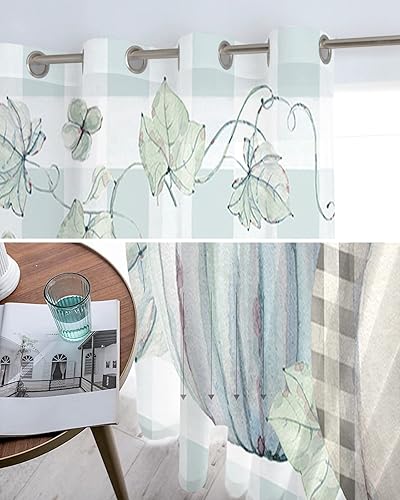 Miniatura 5 de Cortinas traslúcidas de calabaza verde azulado de 84 pulgadas de largo, juego de 2 paneles de cortinas para cocina, dormitorio, sala de estar,