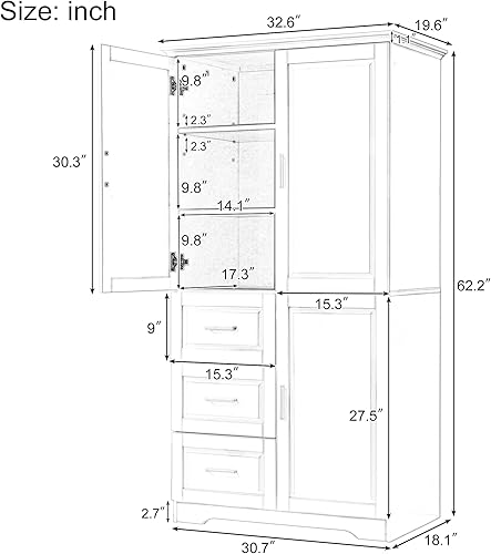 Miniatura 2 de Polibi Armario de almacenamiento alto, despensa independiente moderna con 3 puertas, estantes ajustables y 3 cajones de almacenamiento para cocina,