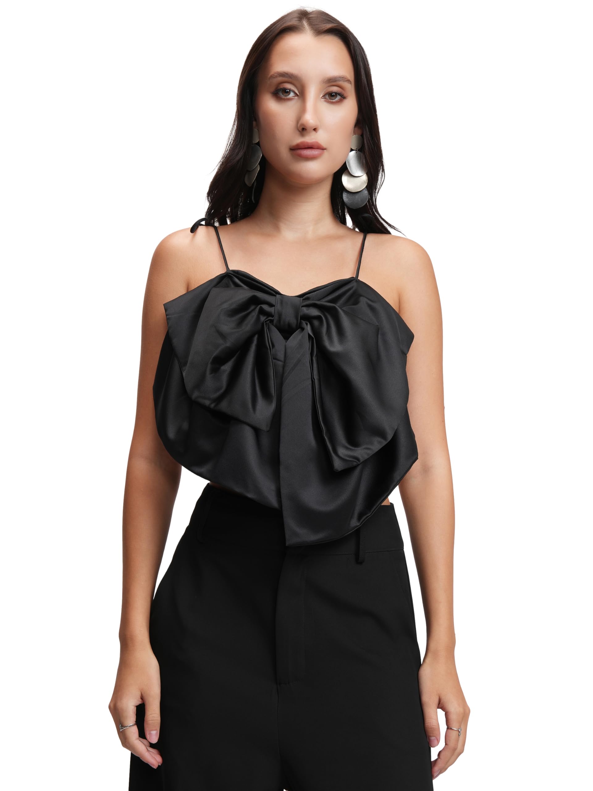 tokyo talkies Women's Shoulder Straps Sleeveless Crop Top | Front Bow Detail | Playful & Chic | Perfect for Casual & Day Outings | Tops for Woman | Women Tops | Women Crop Top-picture-17