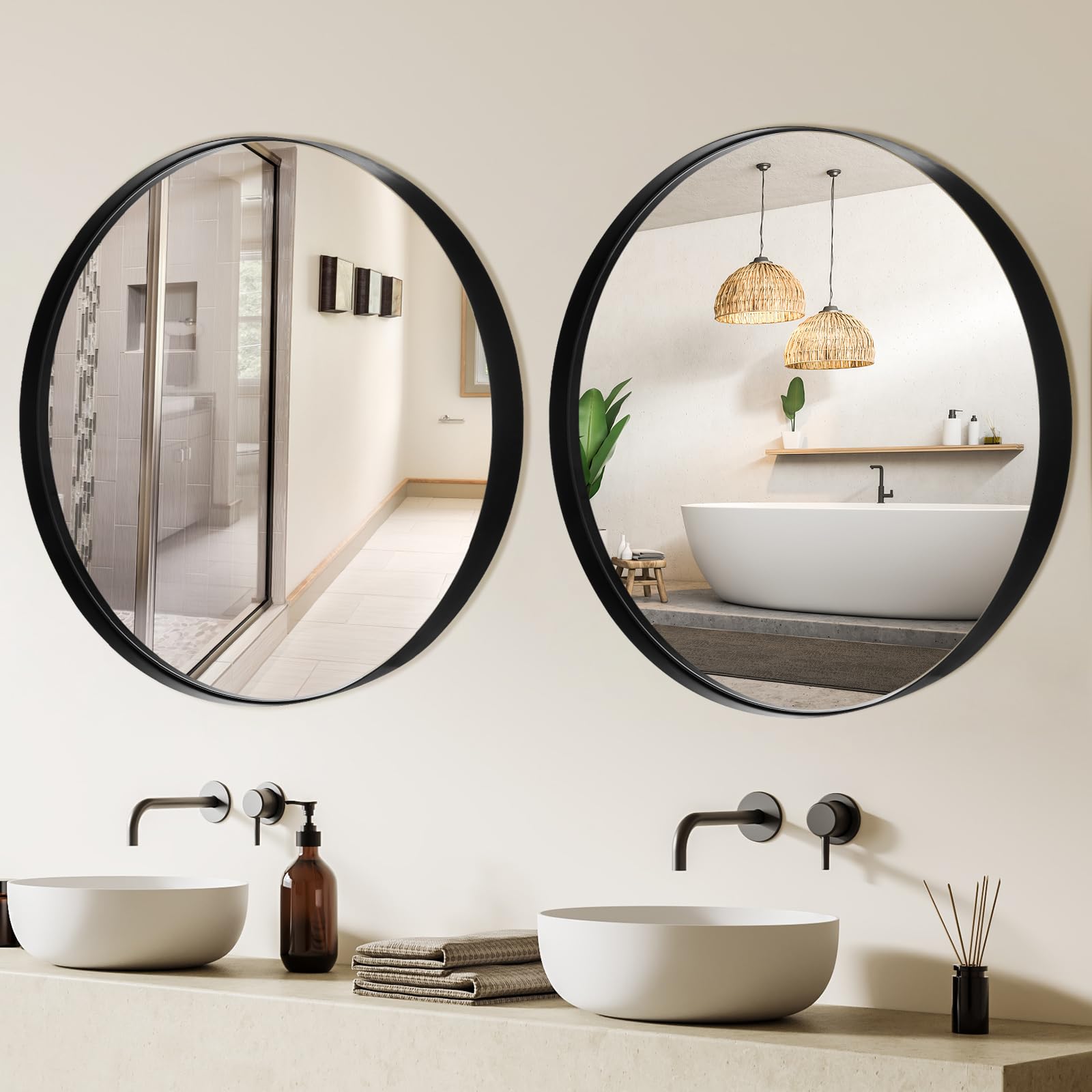 Wenqik 2 Pcs Round Mirror 24 Inch Black Circle Mirror Modern Round Wall Mirror Metal Frame Minimalist Mirror for Bathroom Living Room Bedroom Entryway Hallway Vanity Decor