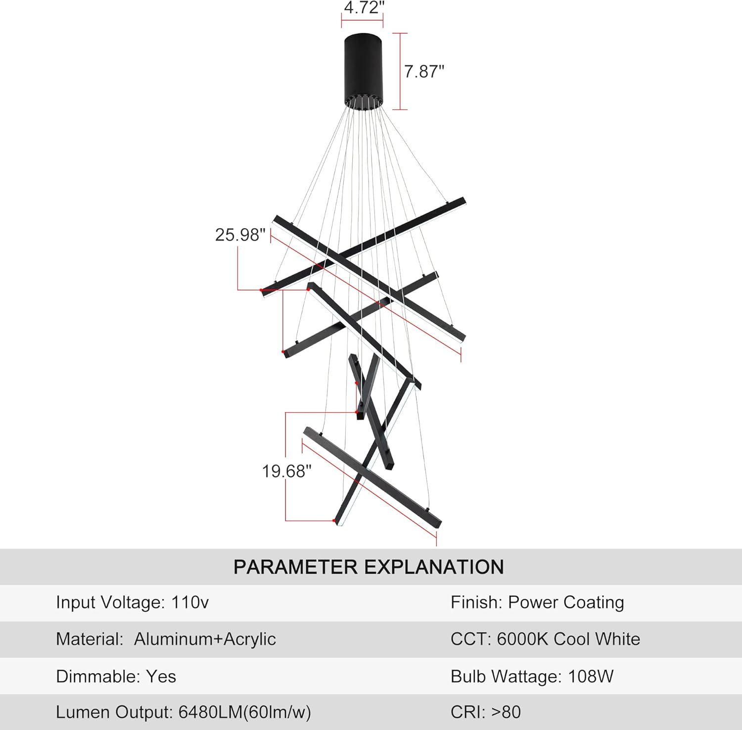 Modern Led Chandelier, High Ceiling Chandelier, Linear Chandelier 8 Lights Black Dimmable Large Pendant Light 98.4" for Living Room Staircase Entry Foyer Lobby Office Duplex 6000K Cool White