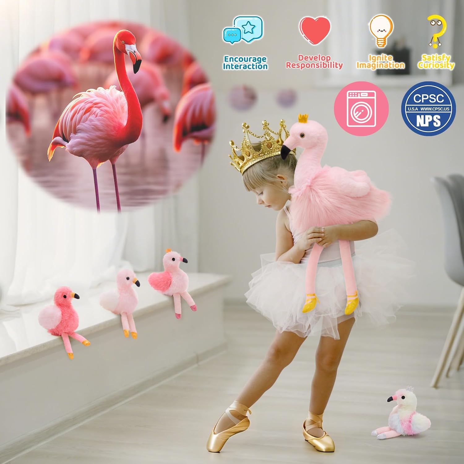 MorisMos Pink Flamingo Stuffed Animal with 4 baby Bird Plush Toys Inside, 24'' Ballerina Flamingo Plush Toys Set for Girl Boy Kid, Mom & Baby Pink Bird Stuffed Animal Gift Decor for Christmas Birthday
