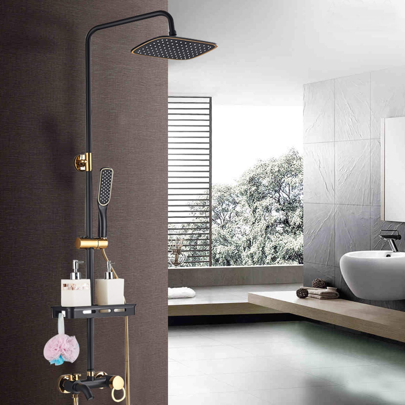Sistemas de ducha, juegos de ducha, con estante pequeño, accesorios Rainshower, ducha de mano con disco (negro), ducha suave, características de ahorro de agua (negro + dorado)