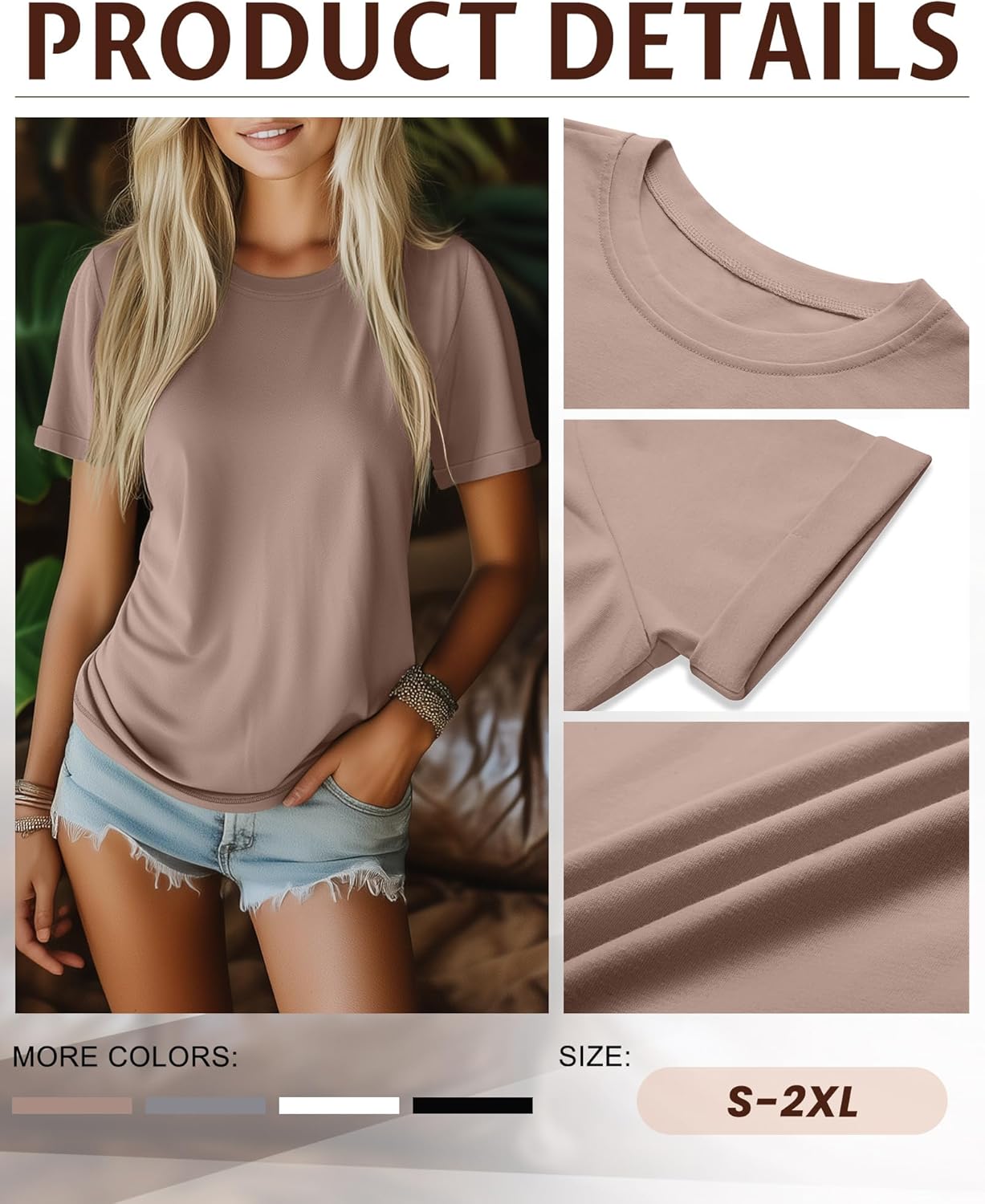 Ficerd 4 Pack Women's Cotton T Shirts Casual Short Sleeve Tunic Tops Crewneck Plain Summer Loose Fit Rolled Sleeve Basic Tee(Black, Gray, White, Khaki,X-Large) - Image 5