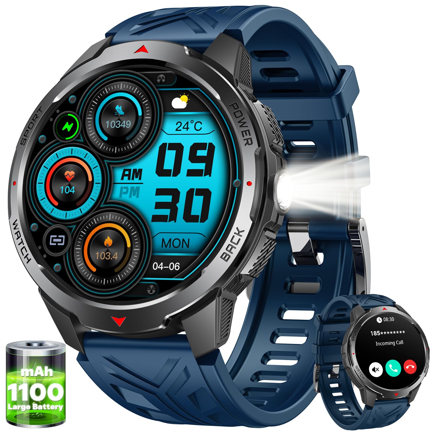 Reloj Inteligente Hombre Smartwatch con Llamada ：1.8" TFT Bluetooth Smart Watch con Linterna LED Brújula 1100mAh 3ATM Impermeable 120+Modos Deportivos Frecuencia Cardíaca SpO2 Sueño para iOS Android
