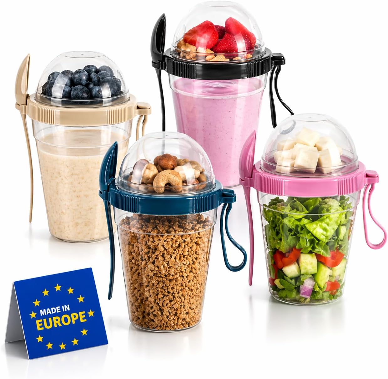 (-37%) IDOBY Müslibecher to Go 4er-Set, Praktischer Joghurtbecher to go, Unterteilung für Joghurt & Müsli, Cornflakes to Go,%100 BPA-FREI, Perfekt für Schule und Büro, Obstbehälter, mit Löffel 600 ML