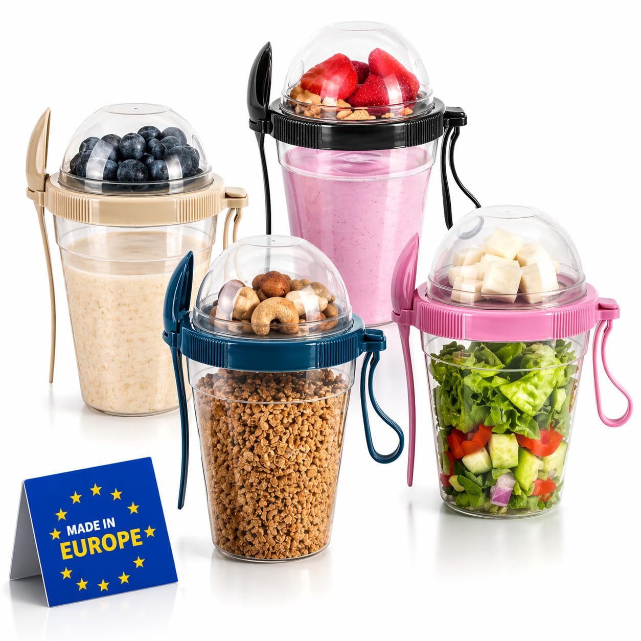 Set di 4 bicchieri per cereali, pratici bicchieri per yogurt da go, suddivisori per yogurt e cereali, corn flakes to Go,%100 senza BPA, perfetti per scuola e ufficio, contenitore per frutta, con