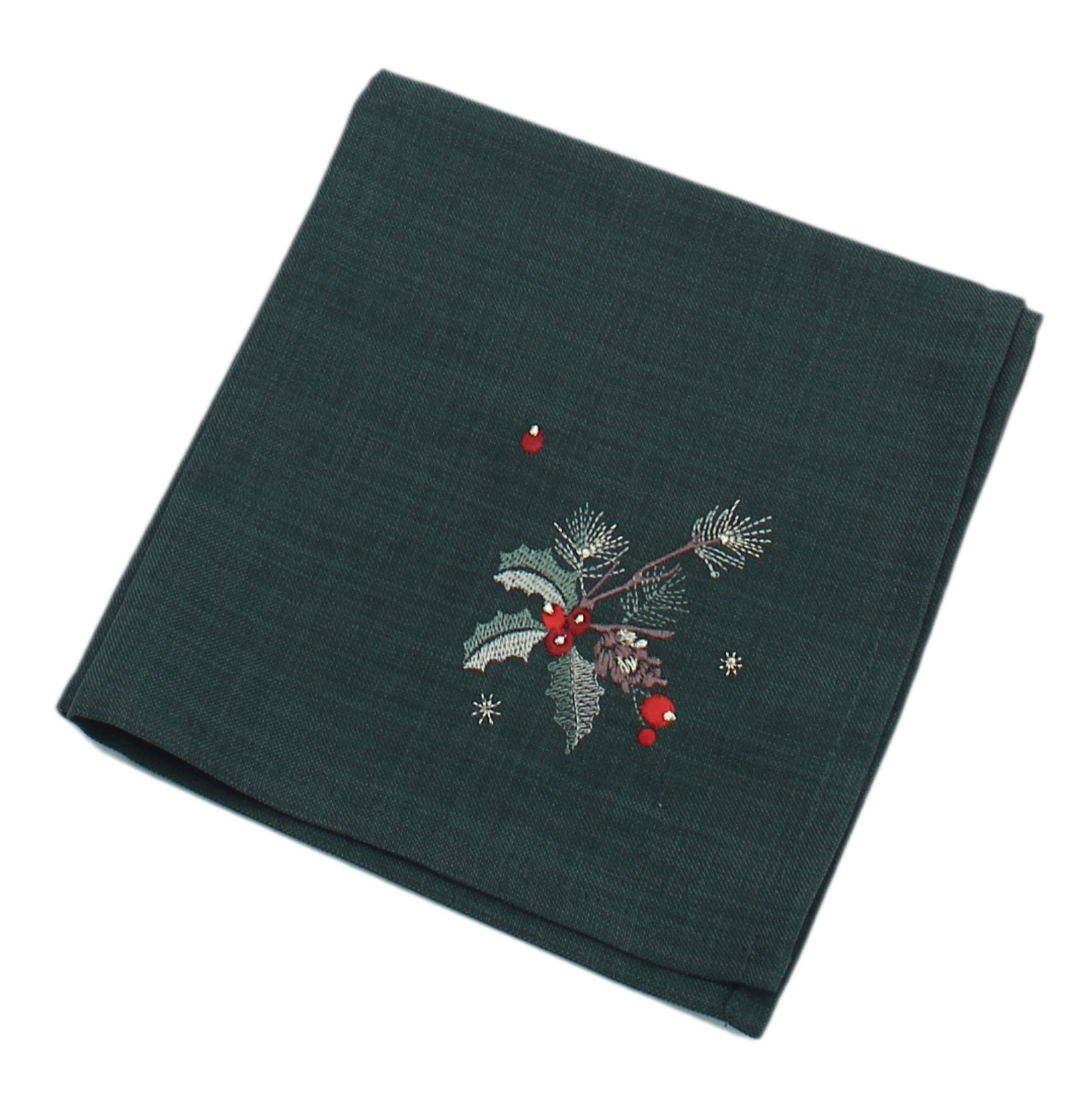Peggy Wilkins Green/Multi Holly Trail Embroidered Christmas Napkin 18" X 18"