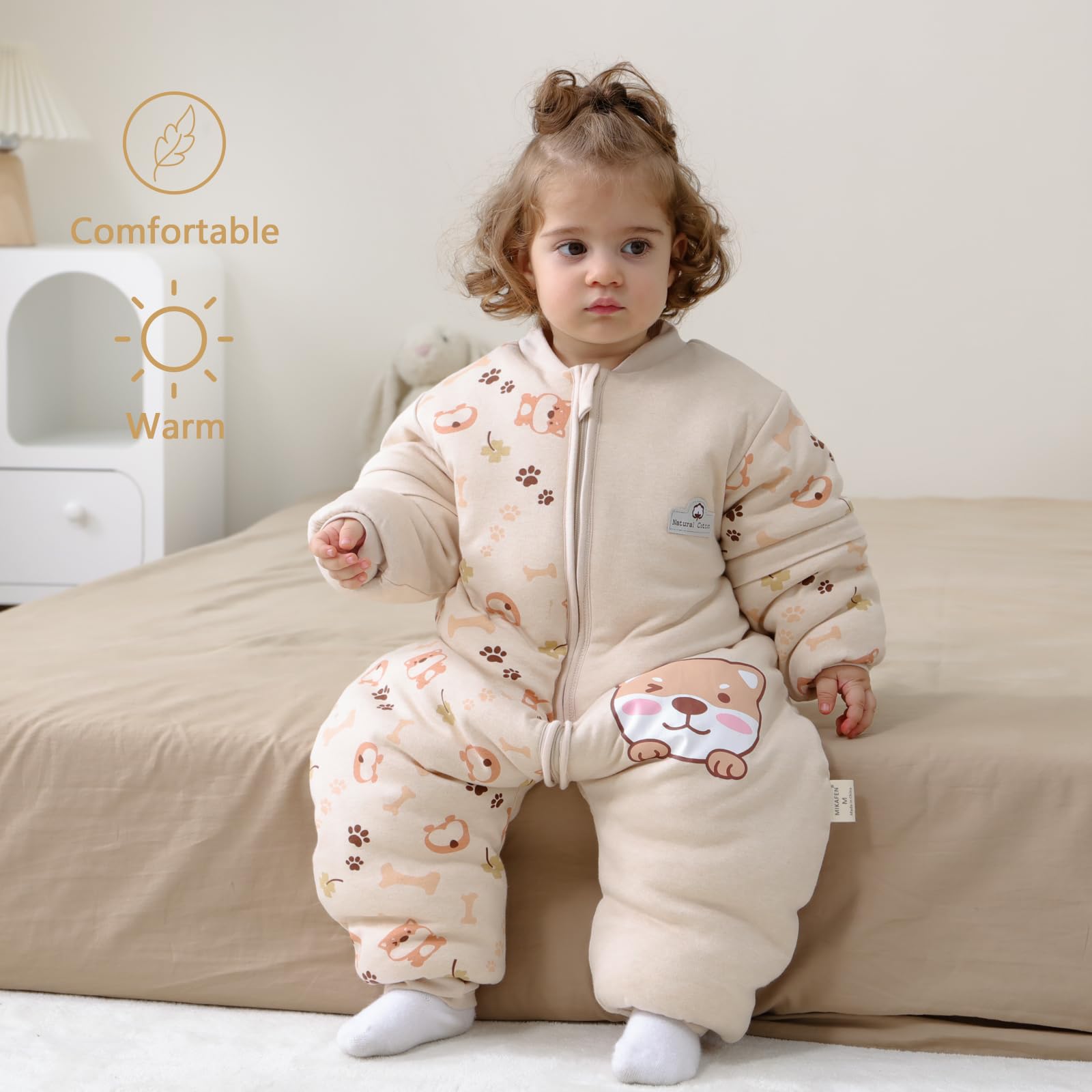 MIKAFEN Sacco nanna a maniche lunghe con piedi 3,5 tog invernale, per bambini - sacco nanna invernale con gambe - 100% cotone, Cucciolo (18-36 mesi)